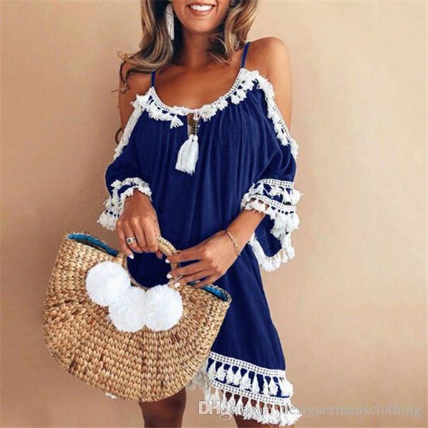

designer summer dresses spaghetti strap panelled tassel dress backless loose sundress female lace print clothing, Black;gray