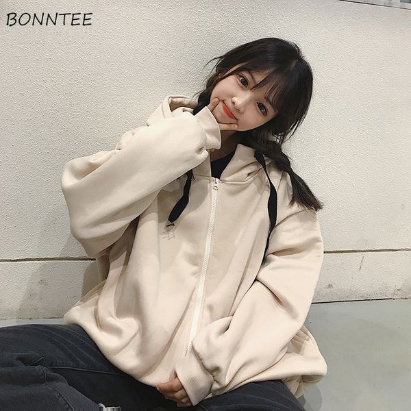 

толстовки женщины сыпучие письмо печатные zipper thicker plus velvet теплый женщин hoodie корейский стиль all-матч chic модный отдых soft, Black