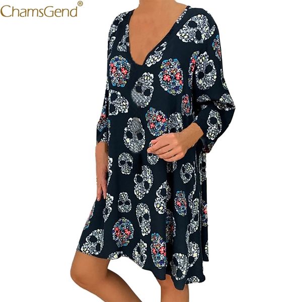 

fashion women skull print v neck long sleeve dress woman ladies summer loose plus size short party dresses s-5xl 907, Black;gray