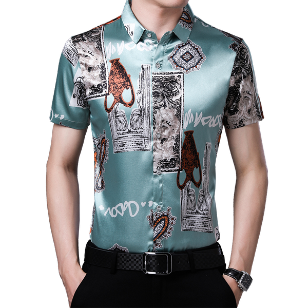 

male silk shirt summer floral printed silk clothes fashion man printing satin dress shirts short sleeve, White;black