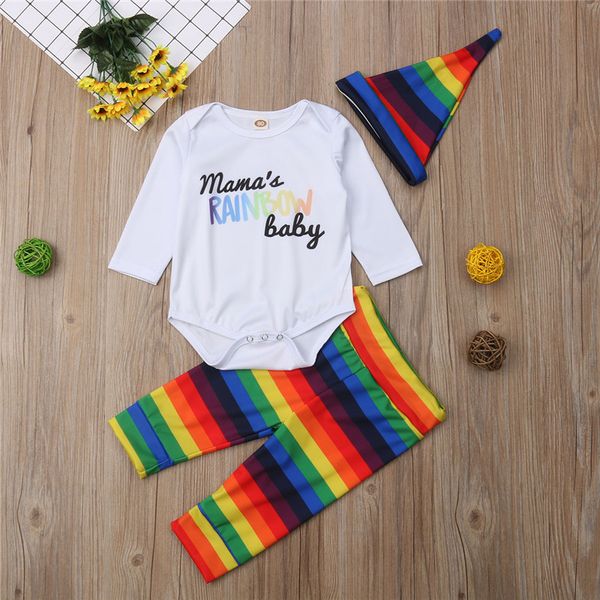 

cute casual autumn long sleeve bodysuit striped pants hat boy girl clothing outfits 3pcs newborn baby boys girls clothes set, White