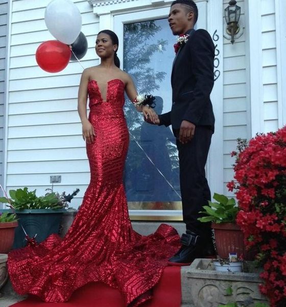 

2019 new sparkly sequined mermaid red evening dresses sweetheart sleeveless sweep train arabic formal prom party gowns custom, Black;red