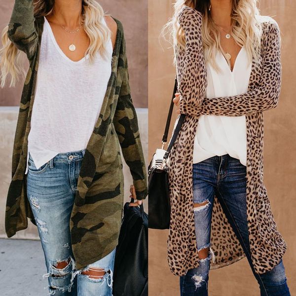 

2018 women leopard knitted long cardigan long sleeve overcoat for female women autumn new outwear coats autumn spring, Black;brown