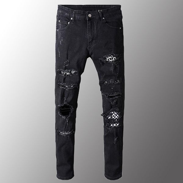 

men's jeans black white patch holes ripped plus size slim fit skinny distressed stretch denim pants fashion male, Blue