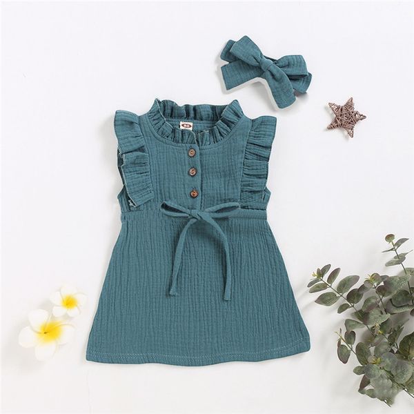 

new baby girls suits summer linen cotton kids clothing set button ruffle newborn dress+headband outfits toddler dress, Red;yellow