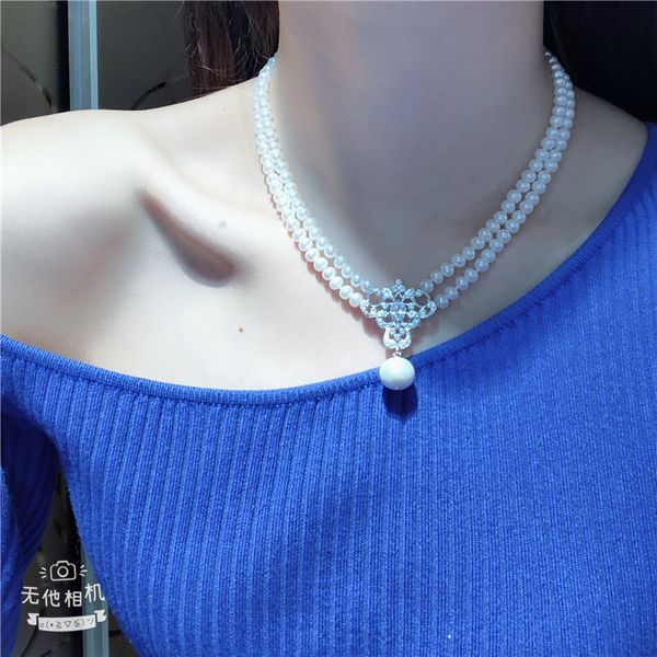 

style 2strands 6-7mm white freshwater pearl micro inlay zircon accessories pendant necklace 43-45cm, Silver