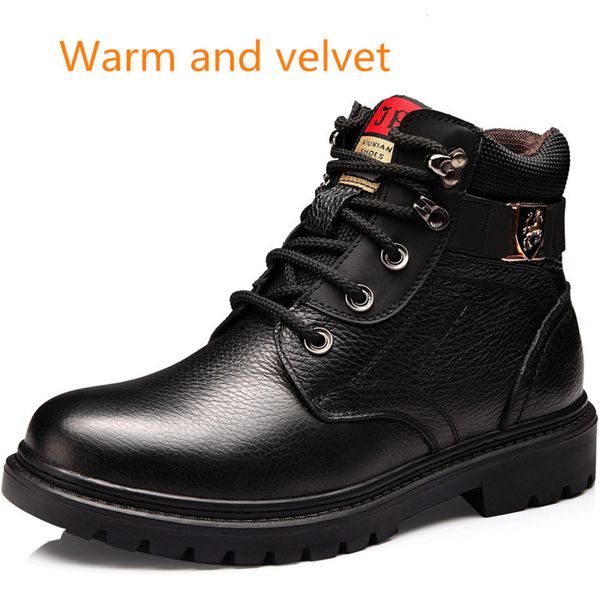 

men winter shoes warm comfortable fashion genuine leather snow boots waterproof boots men's wool short plush warm boots, Black