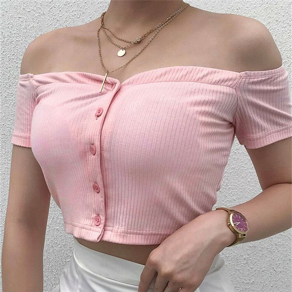 

fashion women summer off shoulder crop elegant strapless tank ladies bandage vest dames button tunique femme cute streetwear, White