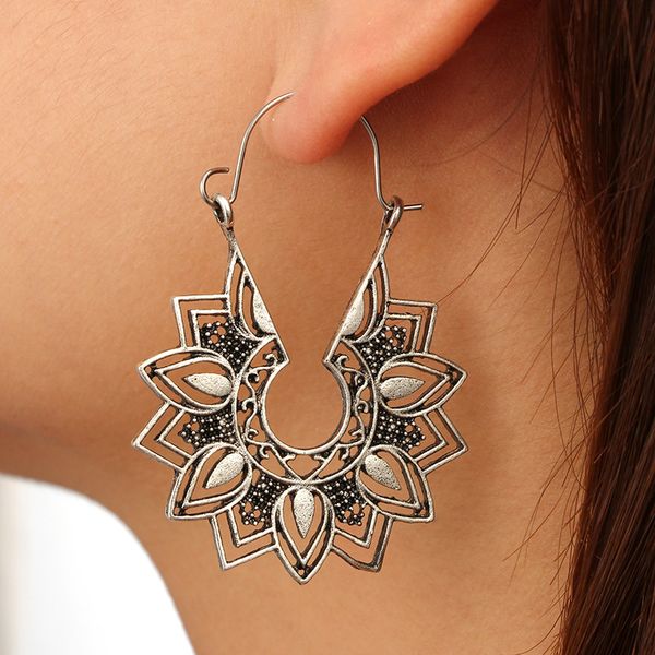 

crazy feng vintage ethnic gypsy earrings for women ladies metal hollow flower dangle drop earrings boho brincos jewelry, Silver