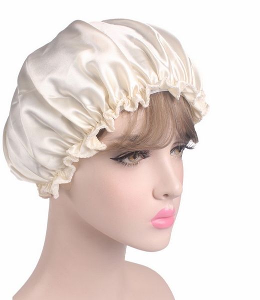 

new solid color shower caps for women satin night sleep cap hair bonnet hat silk head cover wide elastic band