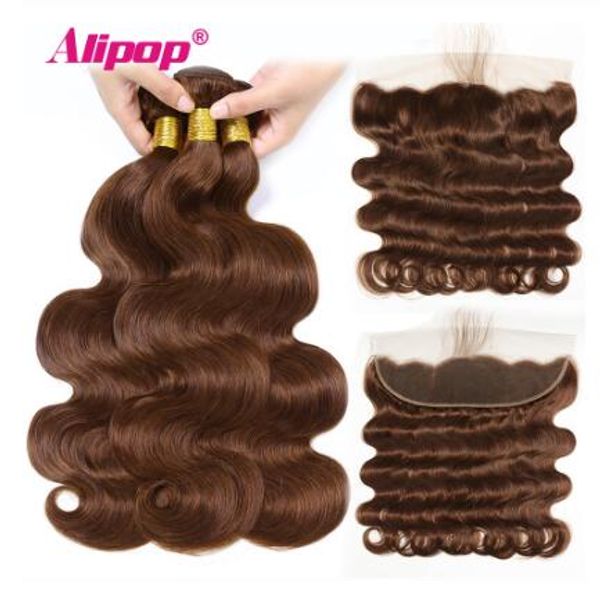 

#4 light brown body wave hair bundles with frontal closure brazilian hair weave bundles human hair bundles alipop nonremy hairs extension, Black;brown