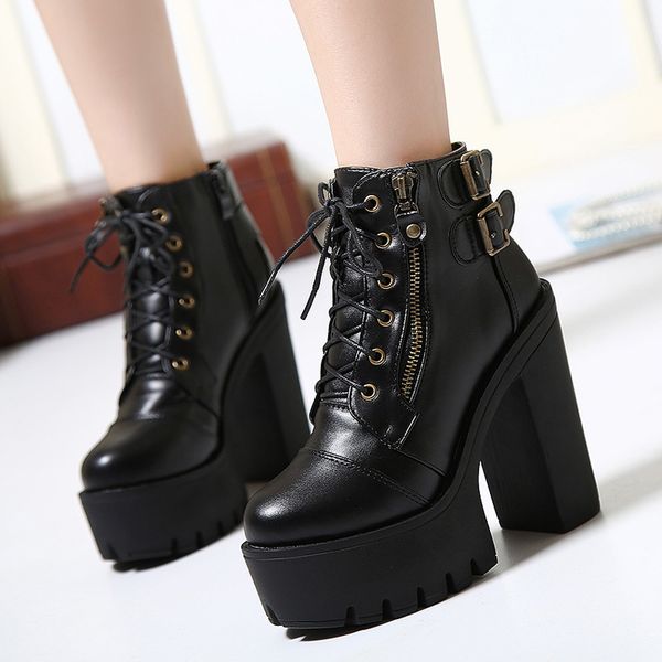 

platform high heel boots buckle lace up women boots motorcycle women black goth ankle for shoes