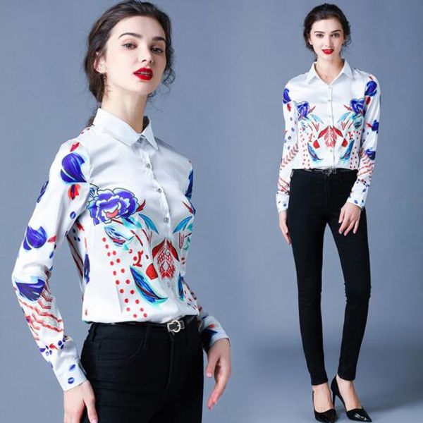 

new women's european and american style printed long sleeve shirt with lapel, White