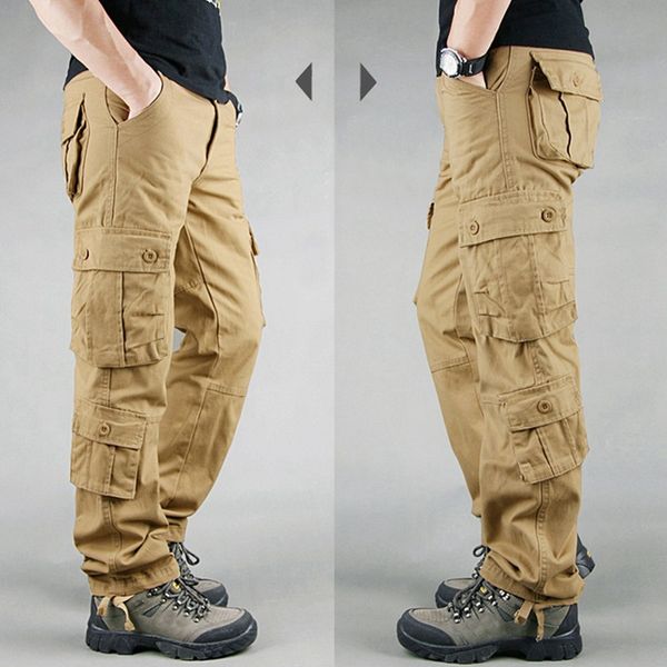 

mferlier spring men safari style cargo pants multifunction pocket plus size straight out door slim fit casual work pants khaki, Black