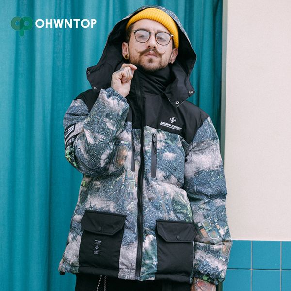 

hip hop streetwear camouflage patchwork hooded parka men jacket fashion winter warm thicken windproof cotton padded outerwear, Black
