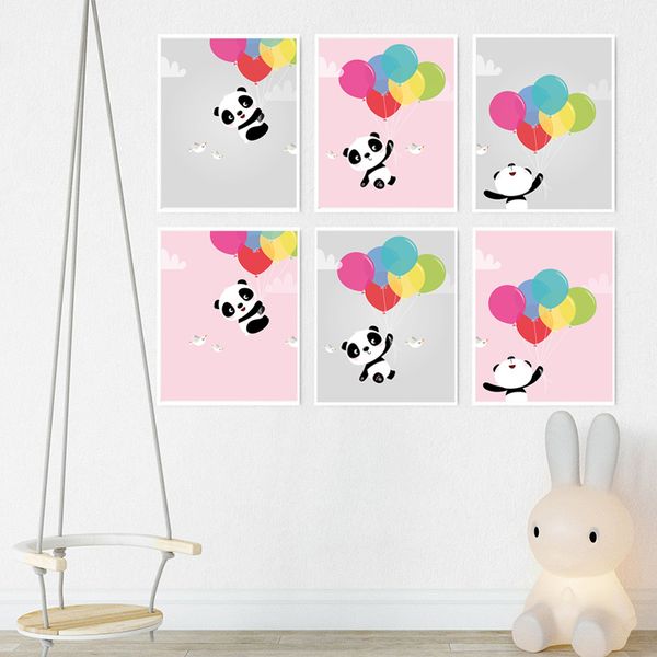 

baby girls nursery wall art flying balloon panda bear canvas painting nordic kid room decorative print poster home decor