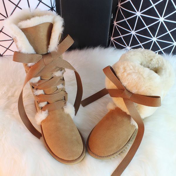 

Luxury Sheepskin Long Boots Winter Cross Strap Lace Bow Snow Boots Knee High Natural Wool Genuine Leather Women's Boots