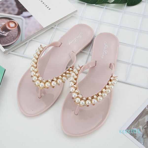 

pearl string bead outside elegant shallow women slippers summer crystal beach pointed toe flat flip flops solid soft shoes ct01, Black