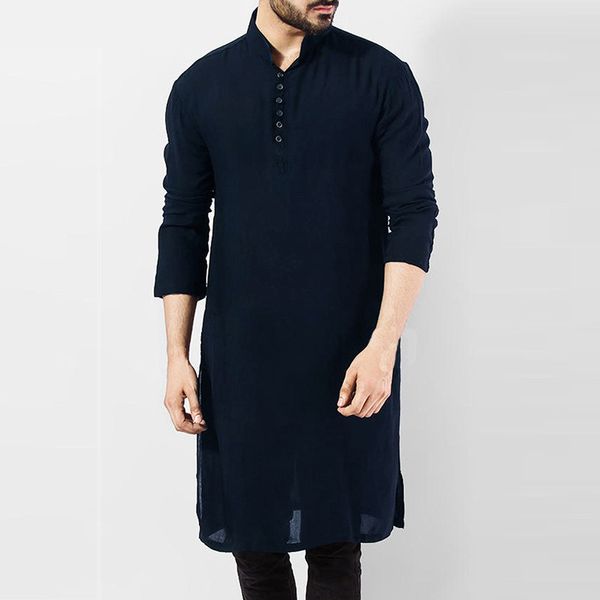 

casual men shirt cotton long sleeve stand collar vintage solid stitched long kurta suit muslim robe shirt 5xl, White;black