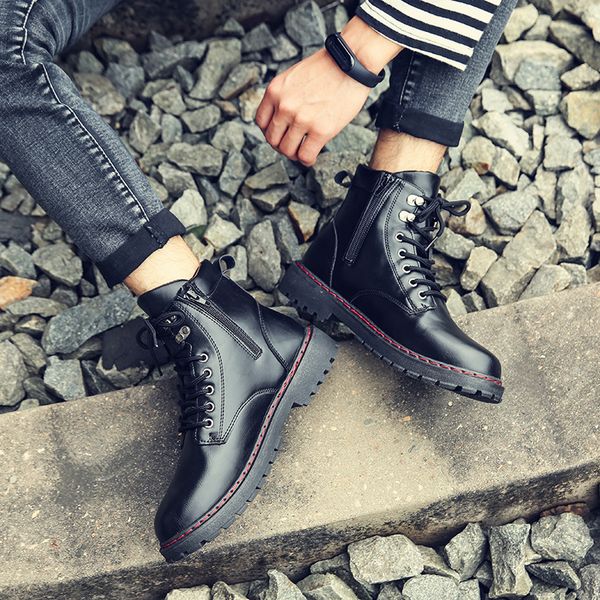 

mens fashion new winter motorcycle boots male high work tooling shoes mens young round toe leather boots a303, Black