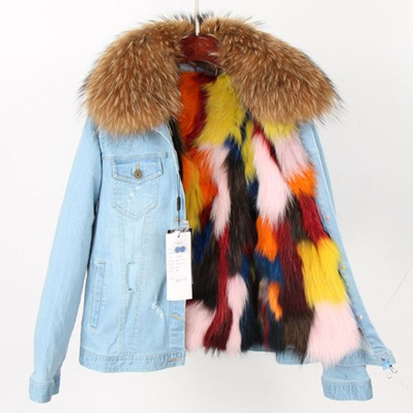 

2019 brown raccoon fur trim maomaokong brand multicolour fox fur lining light blue demin jackets women fox fur mini parkas, Black