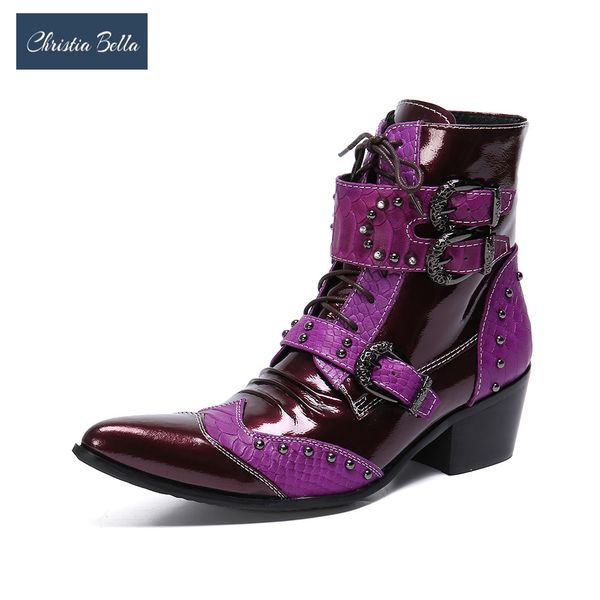 

christia bella rivets genuine leather men office shoes fashion patchwork big size pointed toe zipper formal party dress shoes, Black