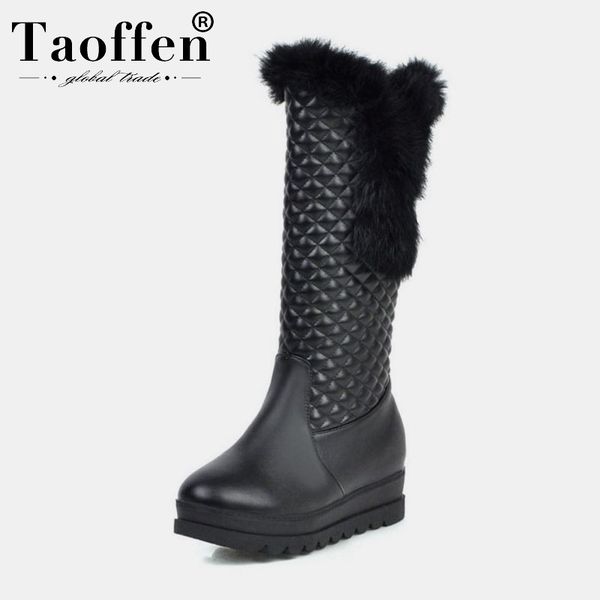 

taoffen women wedges party fur ankle platform knee boots keep warm fur long boots round toe shoes women footwear size 29-43, Black