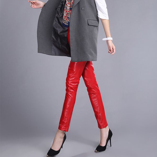 

elegant leather pants women high waist pleated slim trousers office lady red black sheepskin pencil pantalon mujer, Black;white