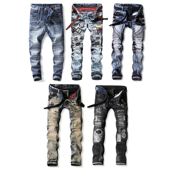 

2020 newbalmainmens distressed ripped biker jeans slim fit motorcycle biker denim for men fashion designer hip hop mens jeans luxury jeans, Blue