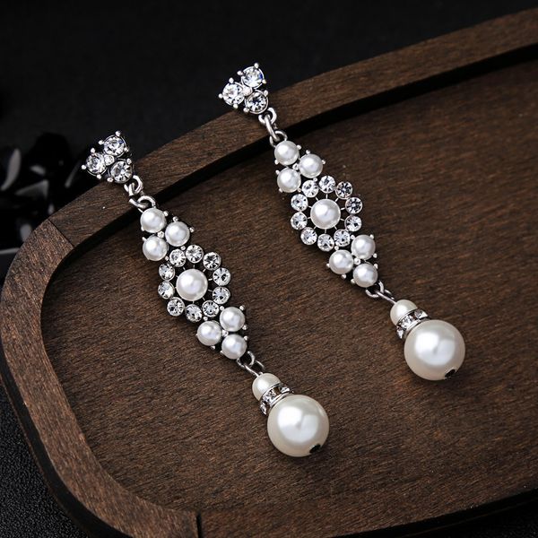 

luxury silver color crystal imitation pearl drop earrings for women gifts fashion jewelry wholesale