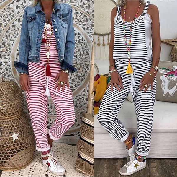 

2019 summer sleeveless striped jumpsuit womens bib dungaree pants rompers ladies casual baggy overalls playsuit plus size 3xl, Black;white