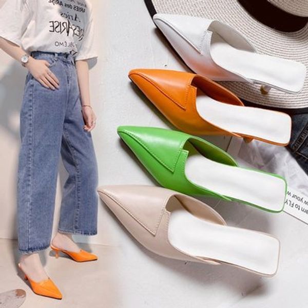 

slippers women's 2020 summer new fine-heeled pointed european and american fashion wear mid-heeled women's shoes, Black