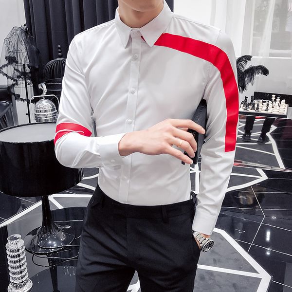 

2019 осень с длинным рукавом рубашки мужчины slim fit повседневная лента дизайн мужская рубашка платье выпускного вечера смокинг мужская бре, White;black