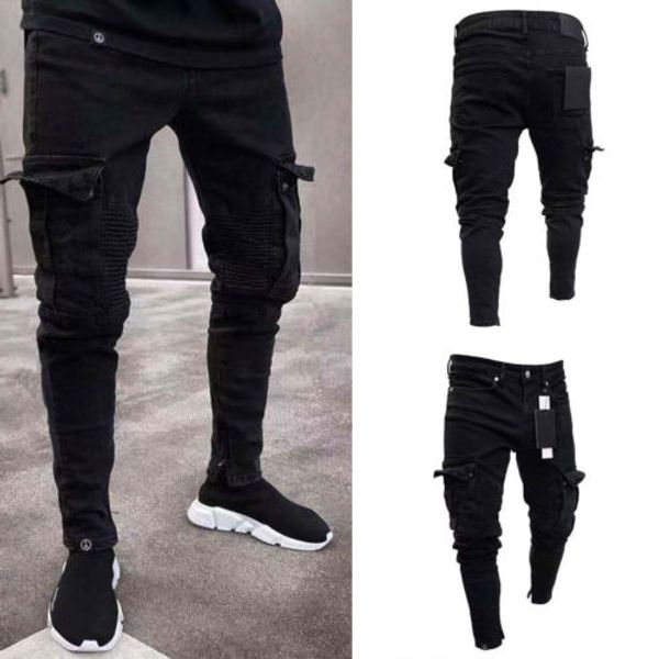 

men 2019 long pants skinny cargo combat slim casual biker work trousers, Black