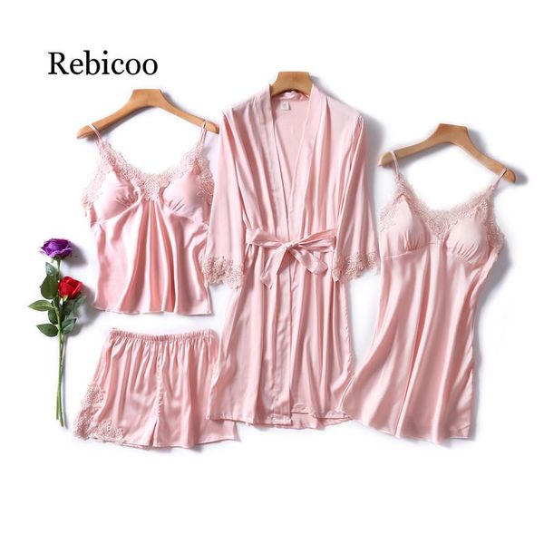 

women faux silk dressing gown 4 piece pajamas set lace sling shorts summer robe sleepwear, Black;red