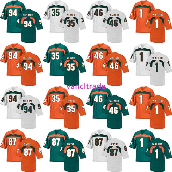 

2019 ncaa football miami hurricanes 94 the rock 35 vernon 46 walford 1 walton 87 wayne jerseys, Black;red