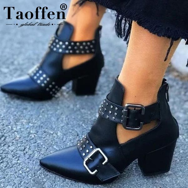 

taoffen women ankle boots pointed toe boots zip strap rivet shoes women buckle autumn footwear size 35-43, Black