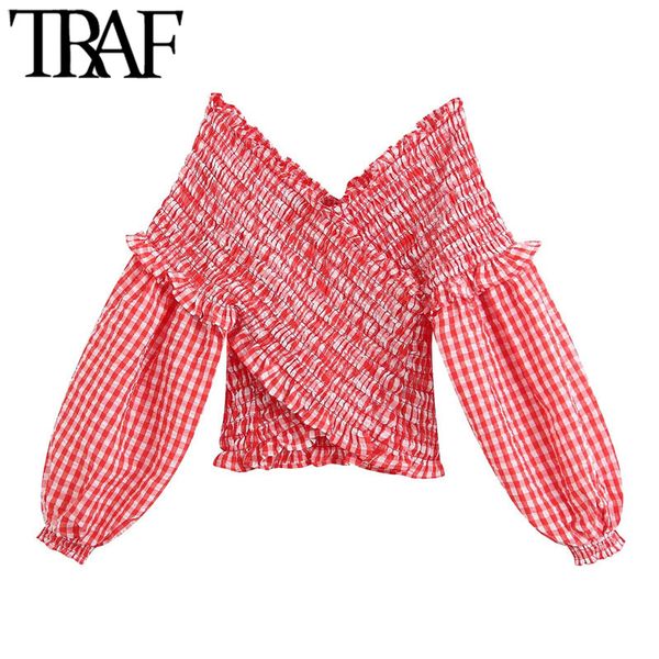 

траф женщин сладкий мода эластичной укороченные клетчатые блузки старинные v шеи длинным рукавом женский рубашки одежда blusa топы шикарный, White