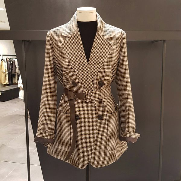 

spring and autumn women's suit casual plaid double-breasted belt decoration suit, White;black