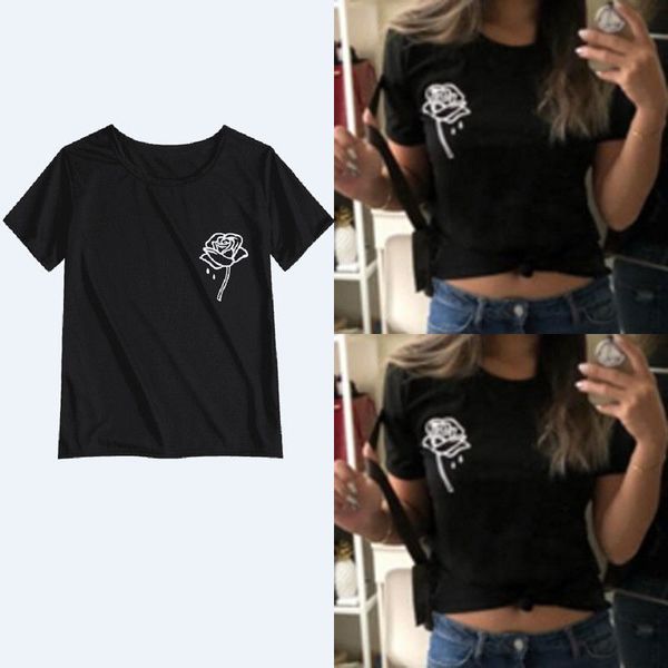 

women's t-shirt 2021 style fashion women summer print rose cotton loose short sleeve plus size black, White