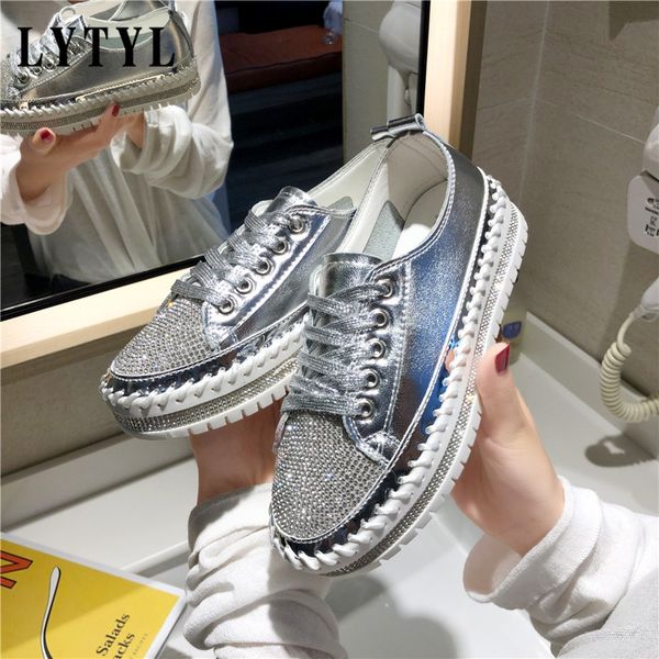

women crystal flat shoes 2019 autumn fashion bing lace up ladies casual shoes comfortable round toe platform sneakers z-17, Black