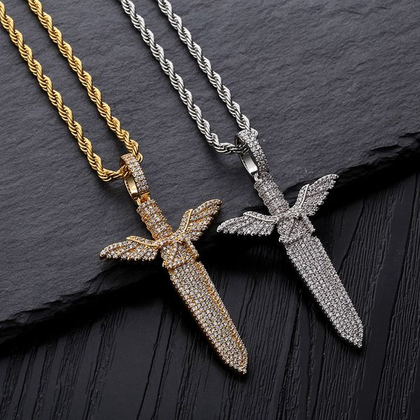 Collana da uomo in oro 18 carati ghiacciata 21savage collana con pendente a forma di spada d'angelo, regalo di gioielli hip-hop bling
