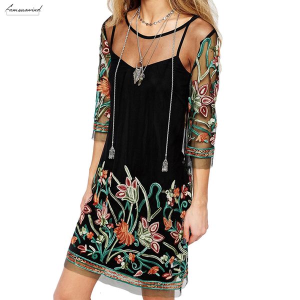 

2019 summer dress women floral embroidery twill sheer mesh spaghetti strap mini loose dress casual shirt dress designer clothes, Black;gray