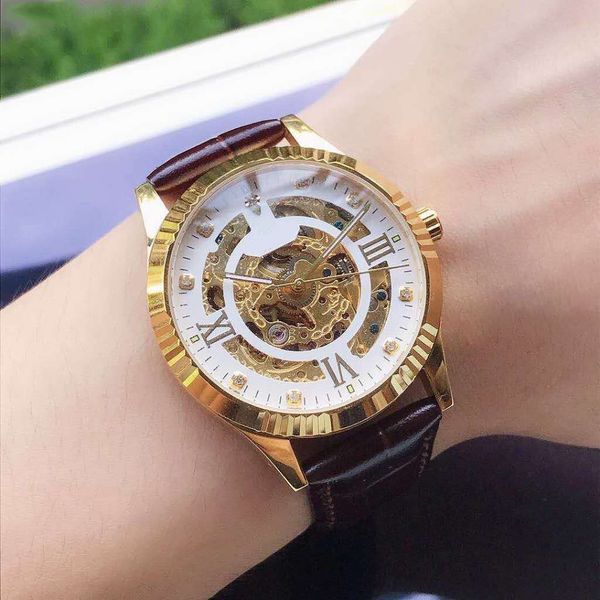 

automatic skeleton watch man luxury mens designer watches crystal mirror real leather strap mechanical self-wind movement wristwatches