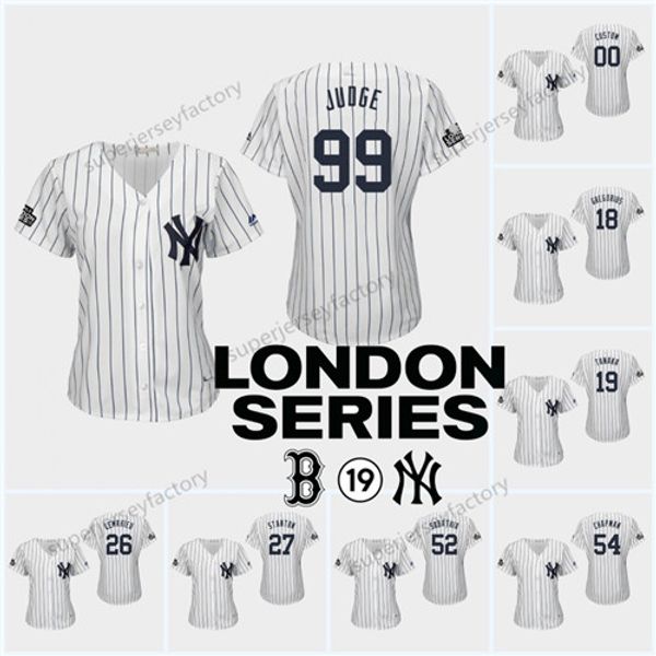 

2019 London Series Patch womens 99 Aaron Judge 20 Jorge Posada 46 Andy Pettitte 42 Mariano Rivera 24 Gary Sanchez Yankees Baseball Jerseys