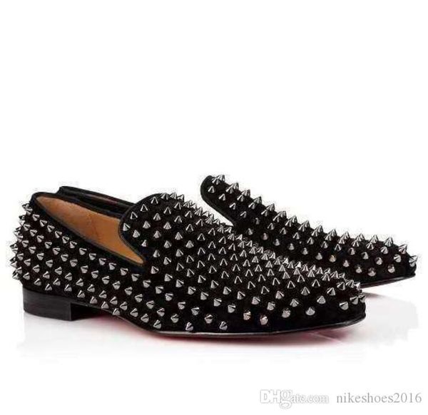 

[with box]2019 cowhide suede rhinestone spikes men's spiked red bottom dress business shoes luxury party wedding shoes genuine leather, Black