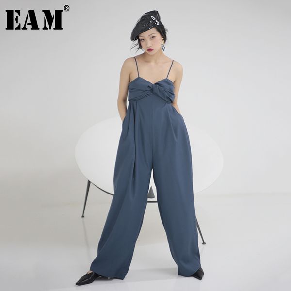 

eam] loose fit women blue long wide leg jumpsuit new high waist pocket stitch pants fashion tide spring autumn 2020 1r682, Black;white