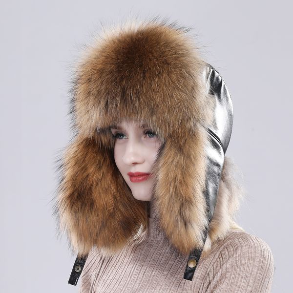 

new winter real fur hat for women&men raccoon fox fur russian ushanka hats thick warm ears bomber sheepskin leather cap, Blue;gray