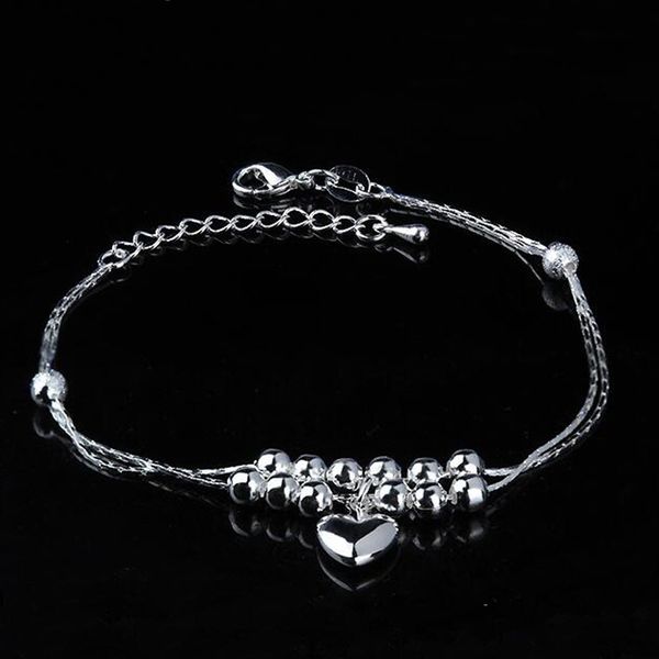 

925 silver heart anklet simple temperament double beaded anklet, suitable for ladies anklets for women charm bijoux femme 2019, Red;blue