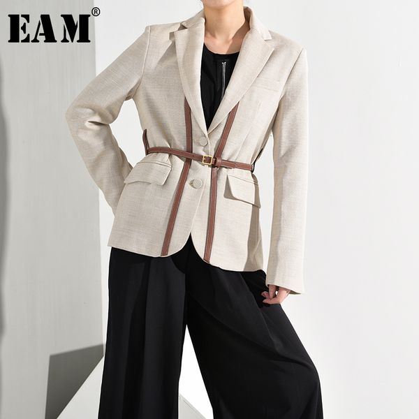 

eam] women light brown bandage split blazer new lapel long sleeve loose fit jacket fashion tide spring autumn 2019 1k4581, White;black